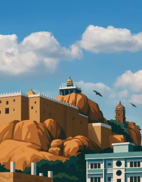 Outline drawing of Trichy Fort situated on a rocky hill.