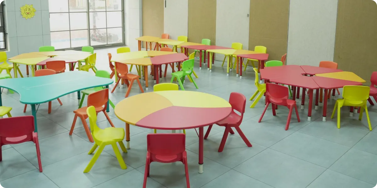 Colourful Inspace classroom furniture arranged in a kindergarten learning space