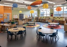 Bright classroom with circular tables and colorful decor