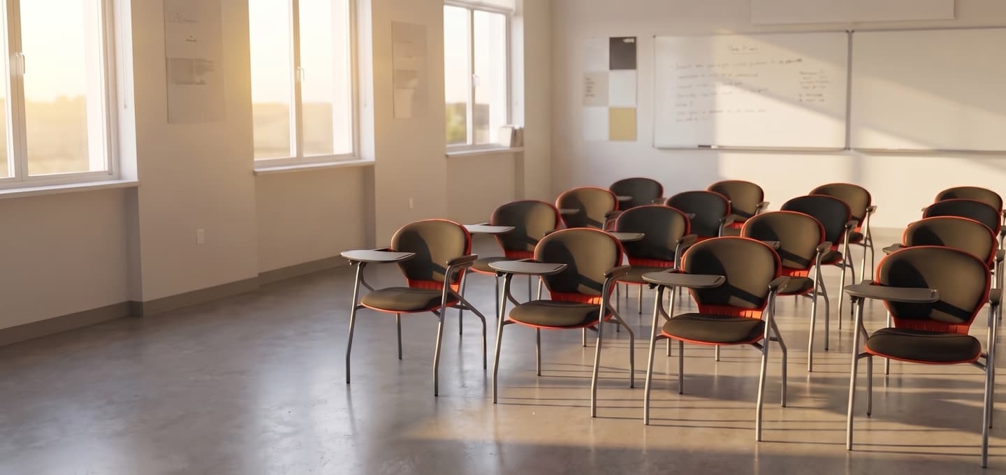 Writing pad chairs in a modern classroom setting
