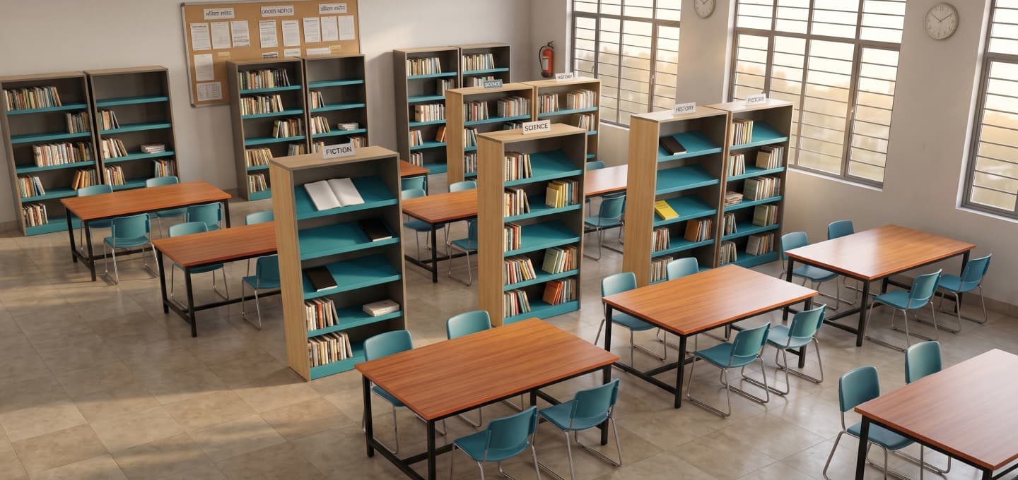 Library shelves and book racks in a modern library