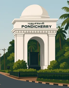 Puducherry historic building with pillars and a crown-like structure on top.