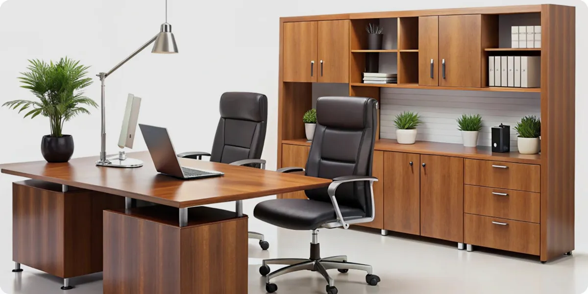 Inspace executive office cabin with table, seating and storage