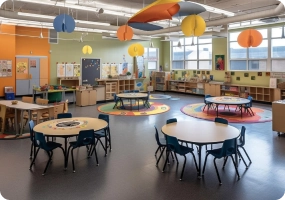Bright classroom with circular tables and colorful decor